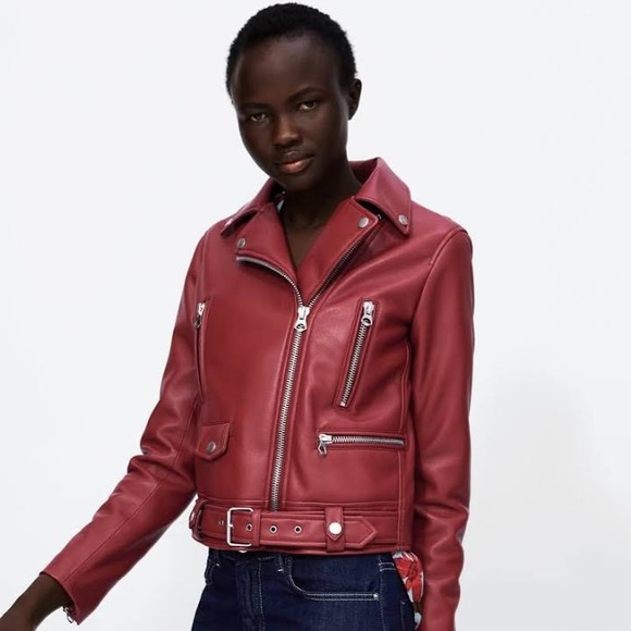 zara red faux leather jacket